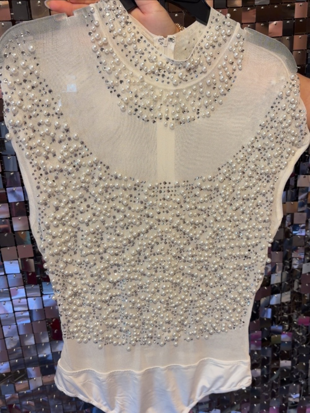 Embellished White Pearl & Crystal Sleeveless Bodysuit LARGE